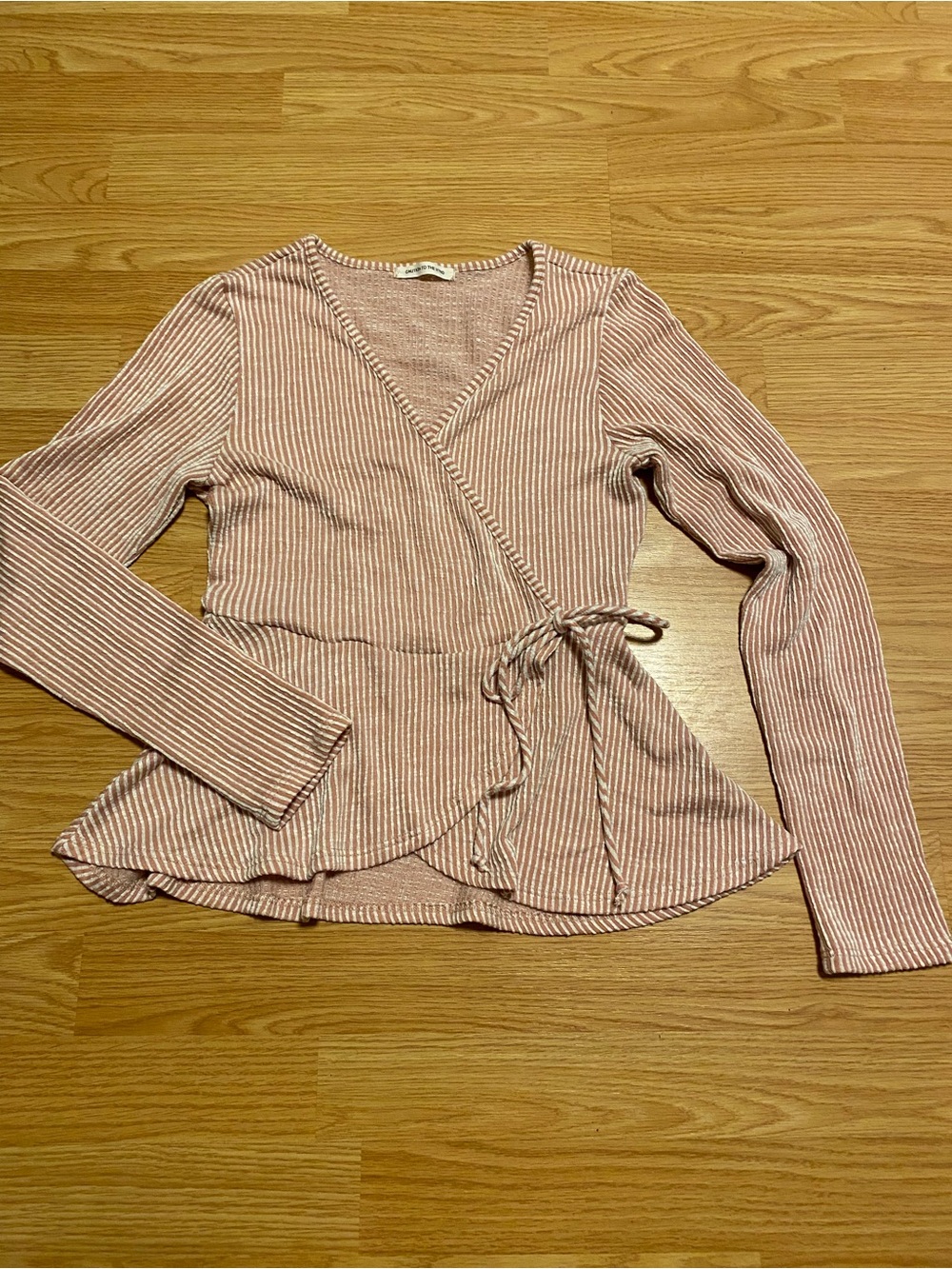 Faux wrap long sleeve top pink and white striped size small
